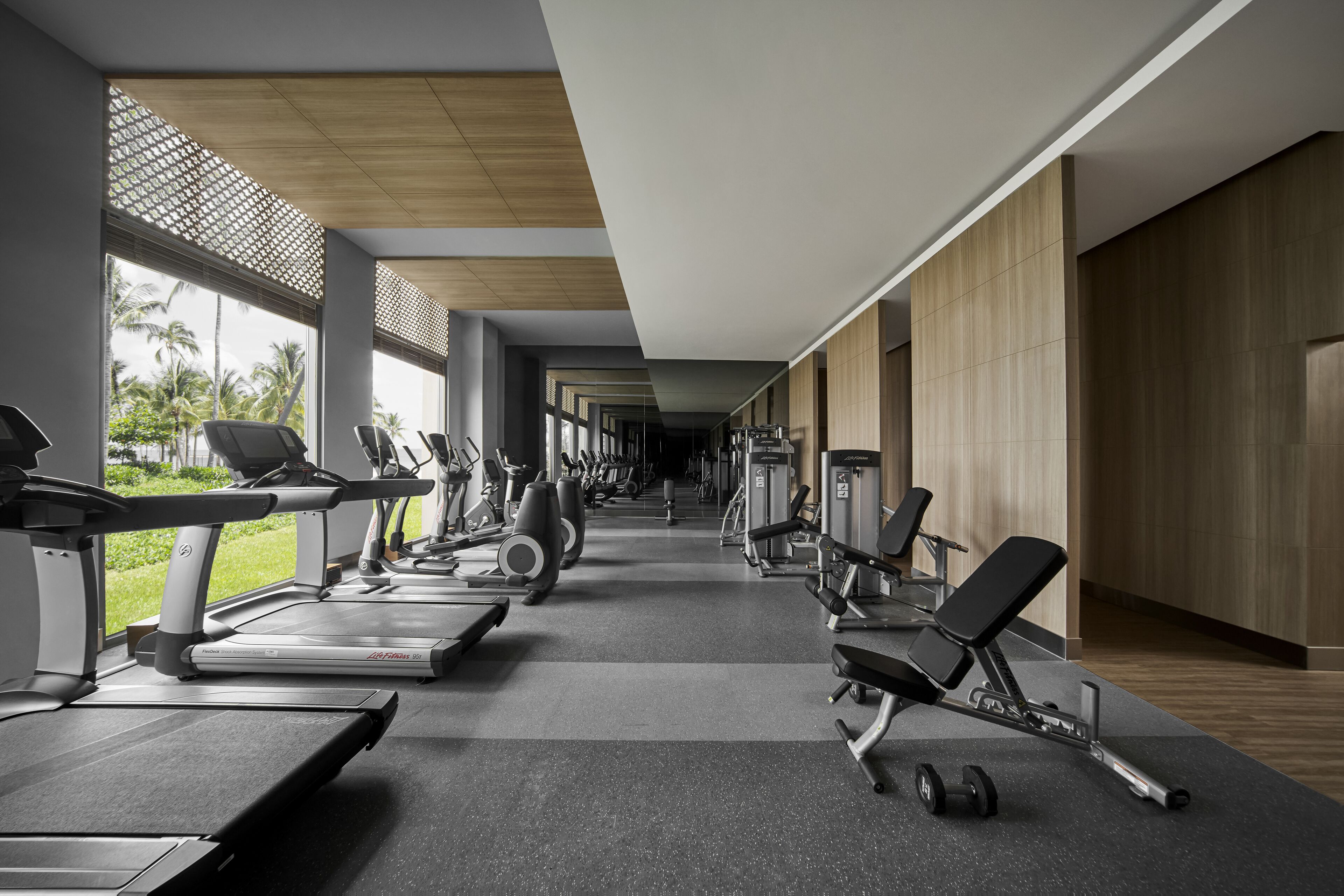 A modern gym with treadmills, elliptical machines, and weight benches arranged in a spacious corridor with large windows and a view of greenery.