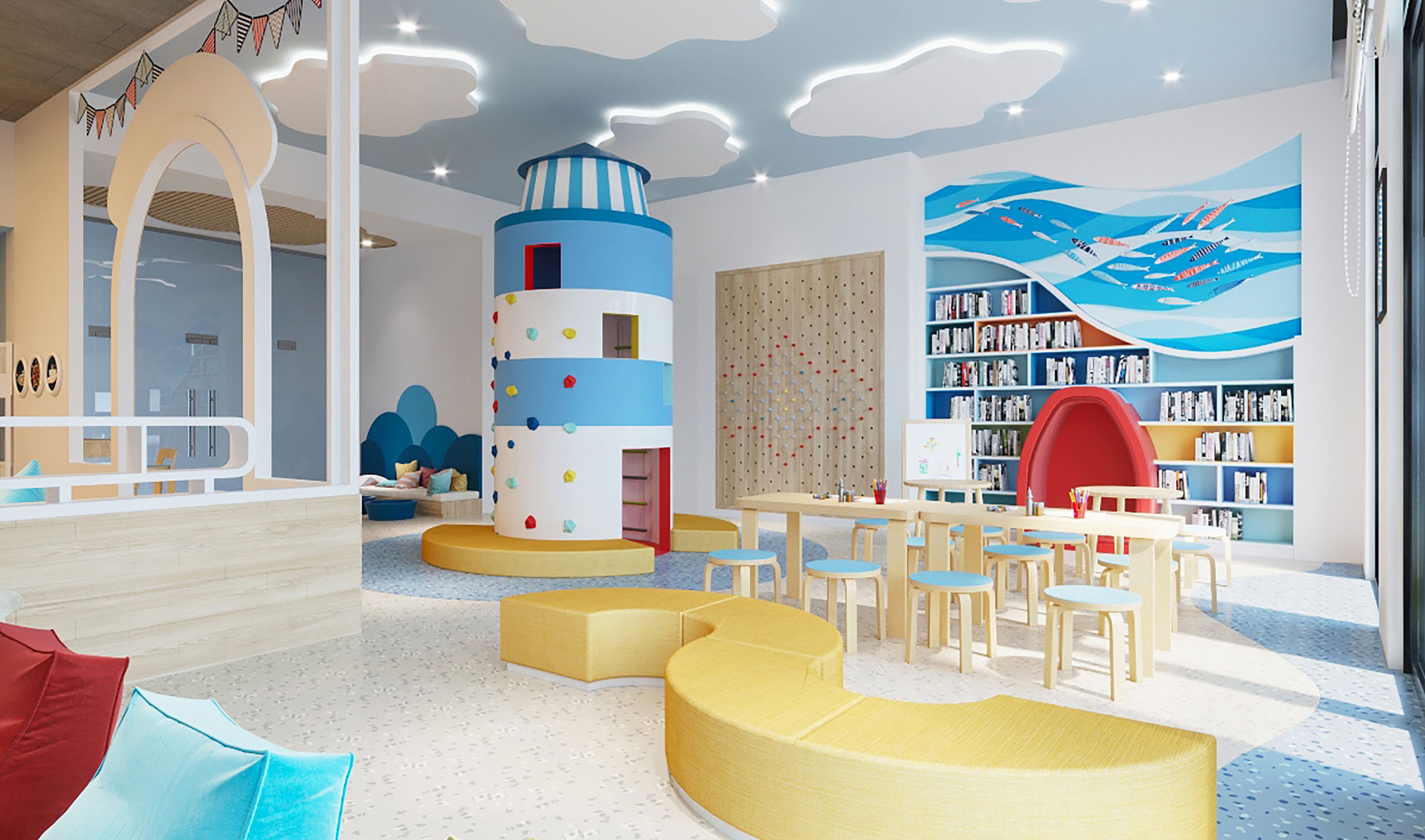 A children's play area with colorful furniture, a large mural, and a bookshelf.