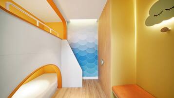 A children's bedroom with bunk beds, a staircase, and a wall with a wave pattern.