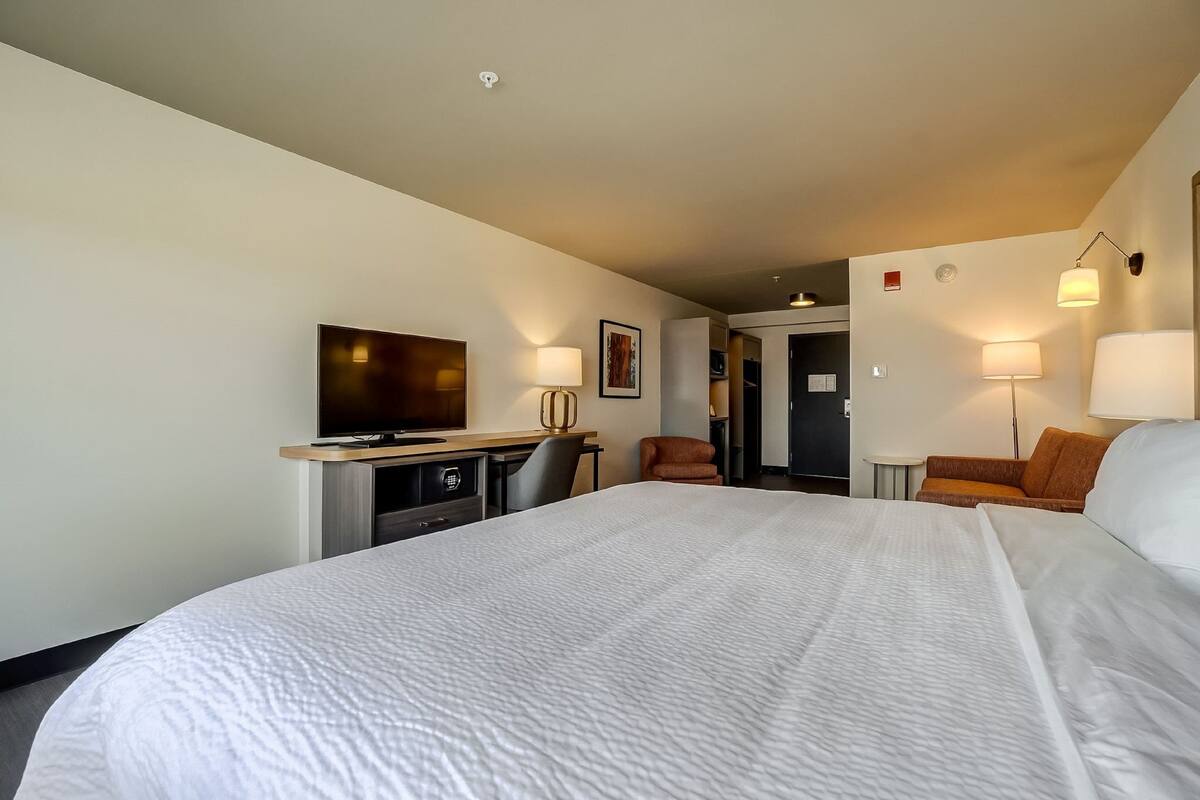 A hotel room with a large bed, a desk with a television, a sofa, and two lamps.