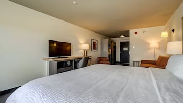 Una habitación de hotel con una cama grande, un escritorio con televisor, una silla y un sofá.