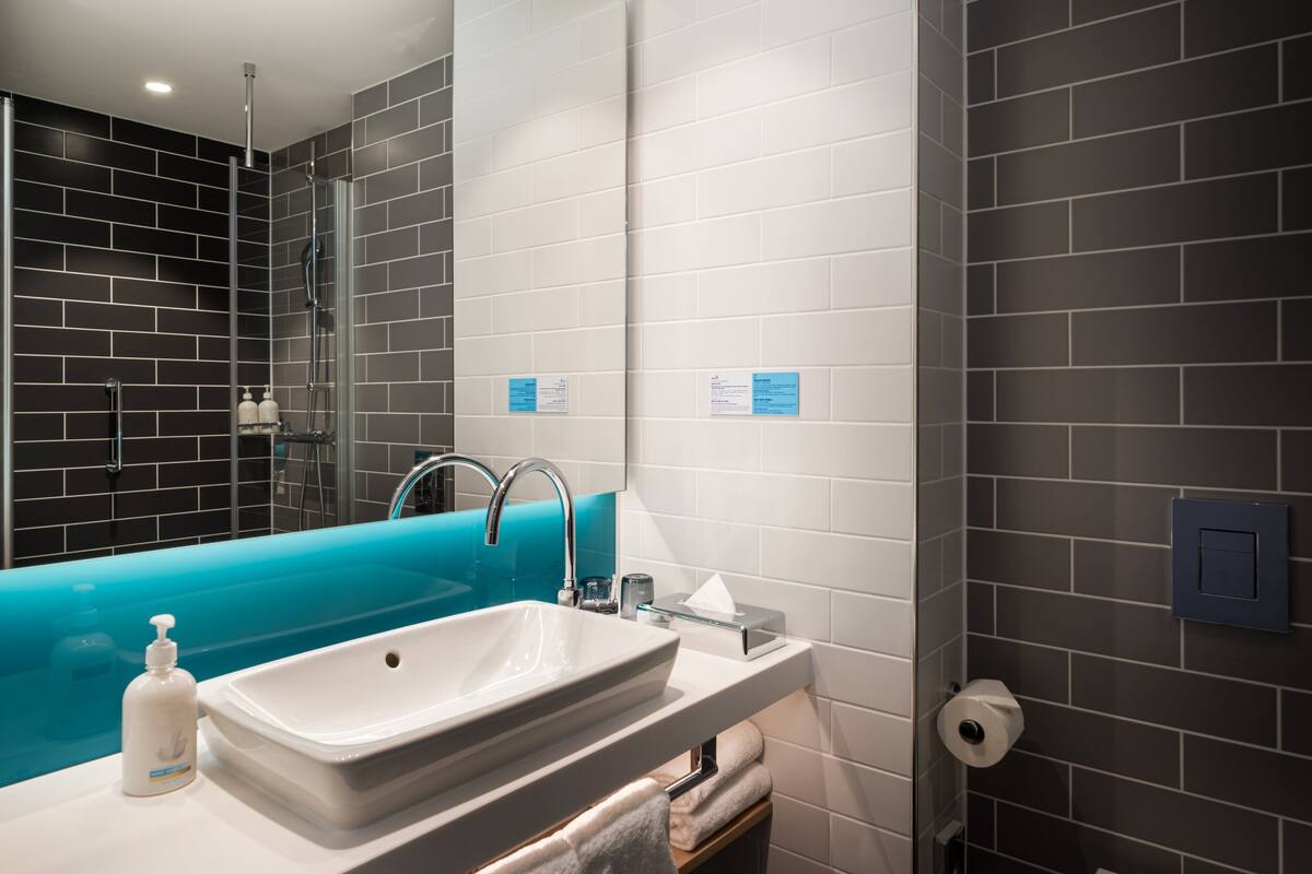 shower, free toiletries, hair dryer, towels