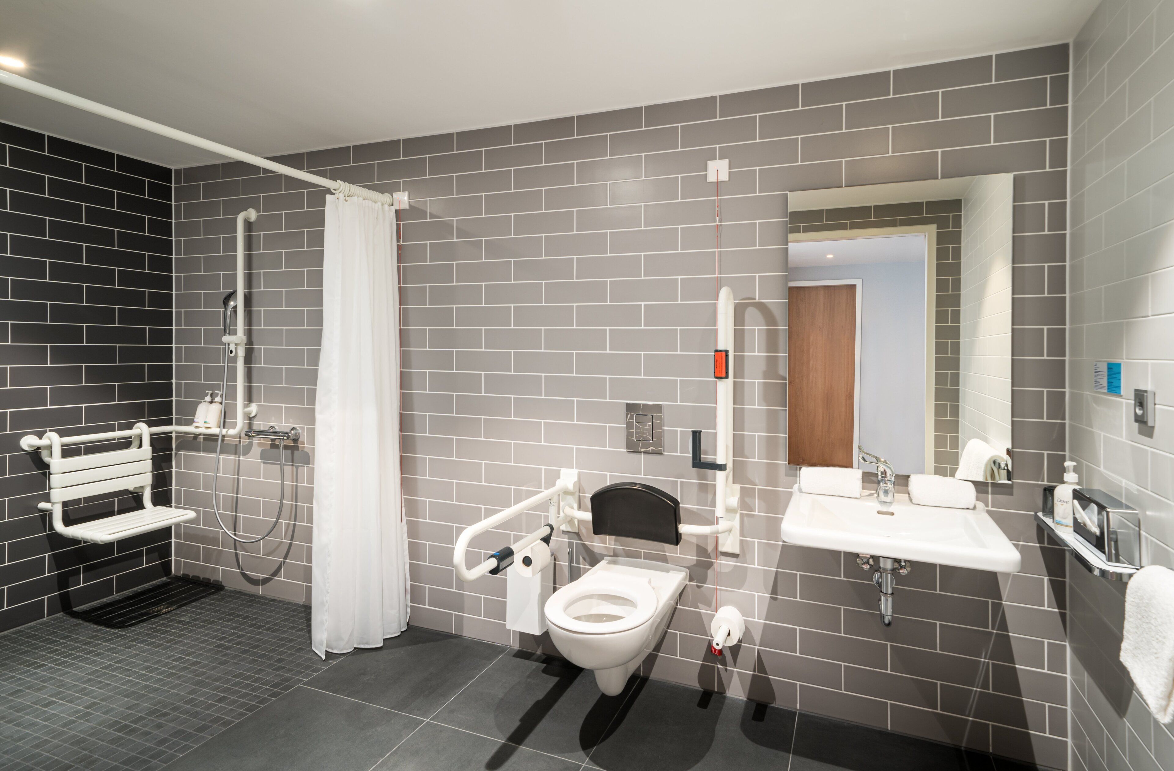 standard room, 1 queen bed, accessible (extra floor space) | bathroom | shower, free toiletries, hair dryer, towels