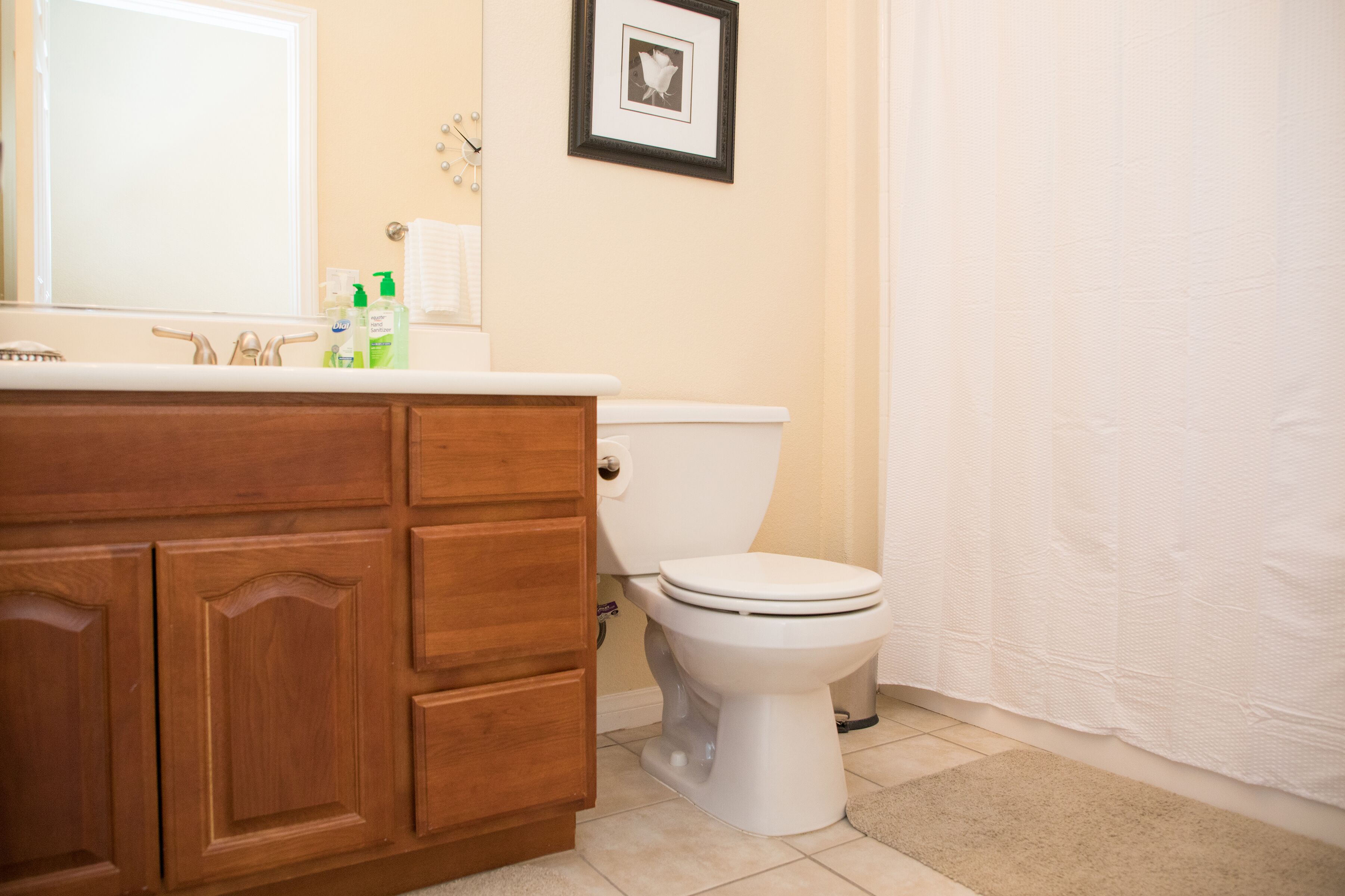 Une salle de bain avec un meuble-lavabo en bois, des toilettes blanches et un tableau encadré au mur.