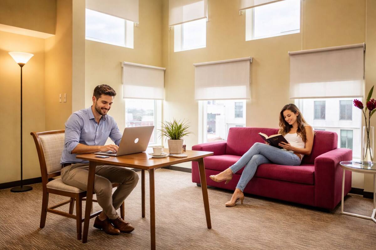 A room with a desk, a laptop, a red sofa, a potted plant, and a window.