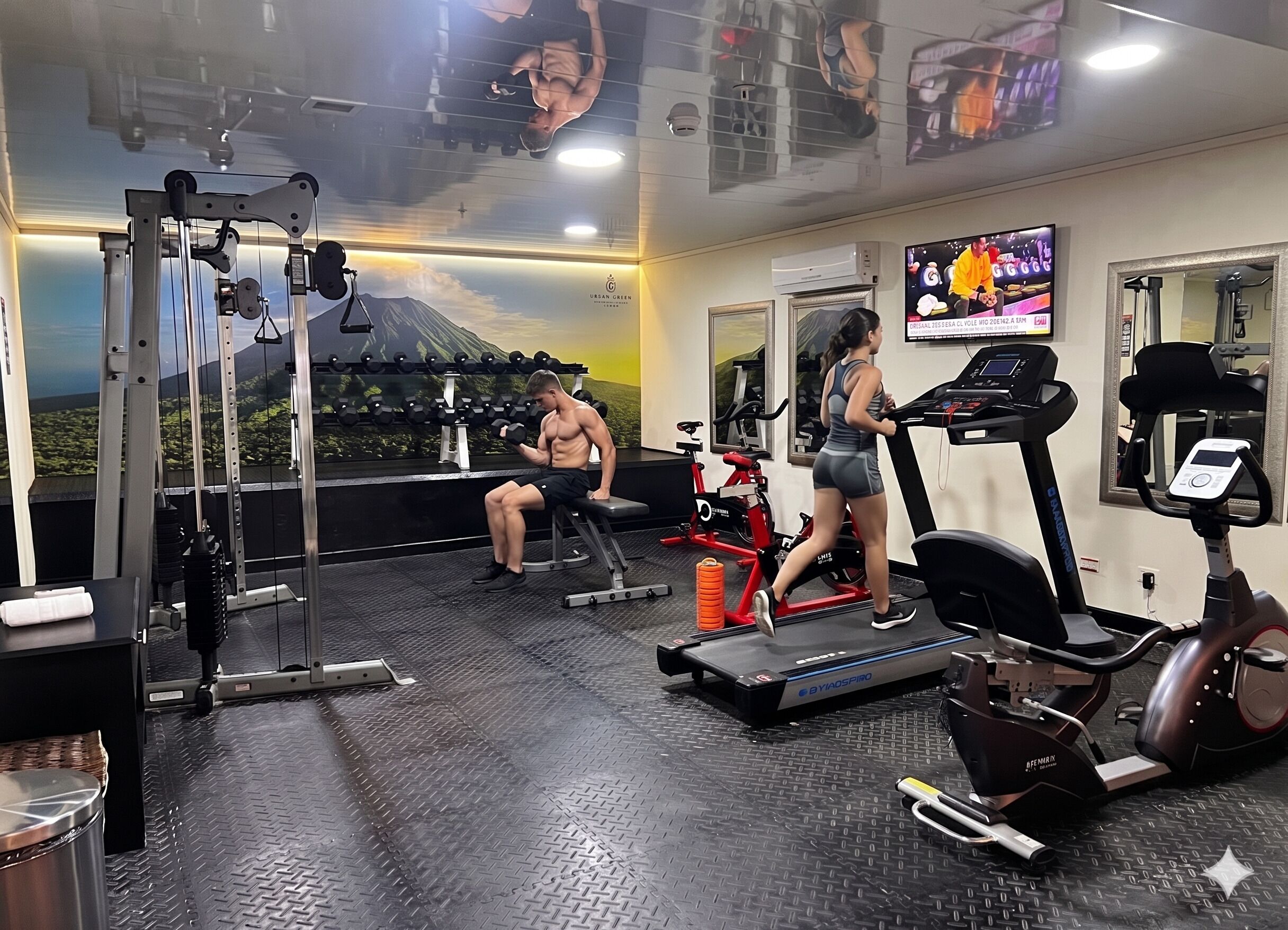 A gym with exercise equipment, a treadmill, and a wall-mounted TV.