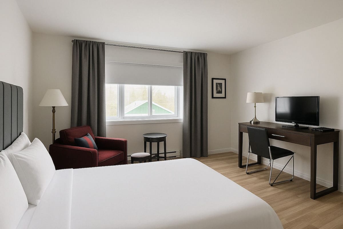 Una habitación de hotel con cama, escritorio con televisor, silla, lámpara y ventana con cortinas.