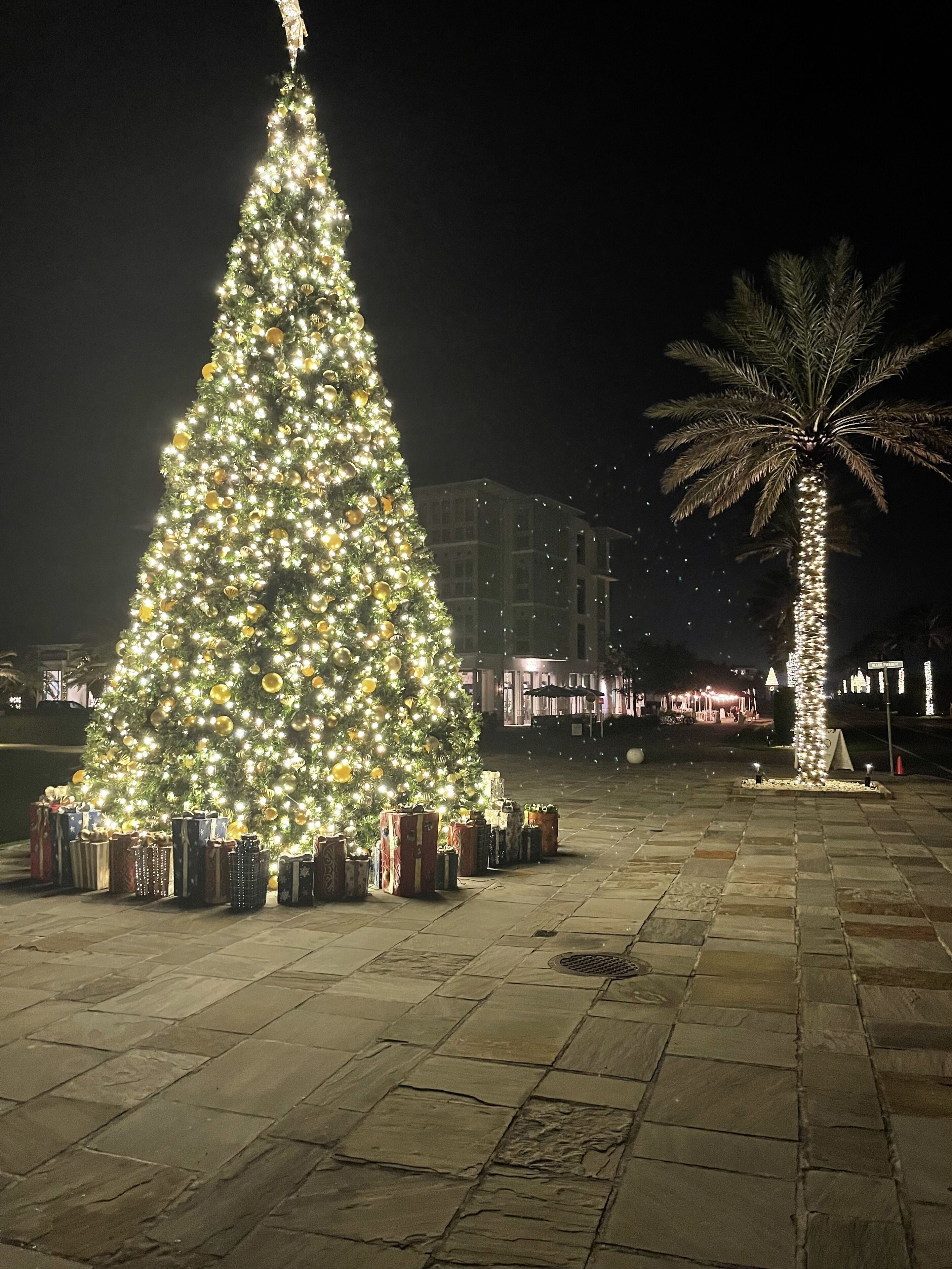 Un gran árbol de Navidad iluminado en una plaza al aire libre con pavimento de piedra, rodeado de regalos envueltos.