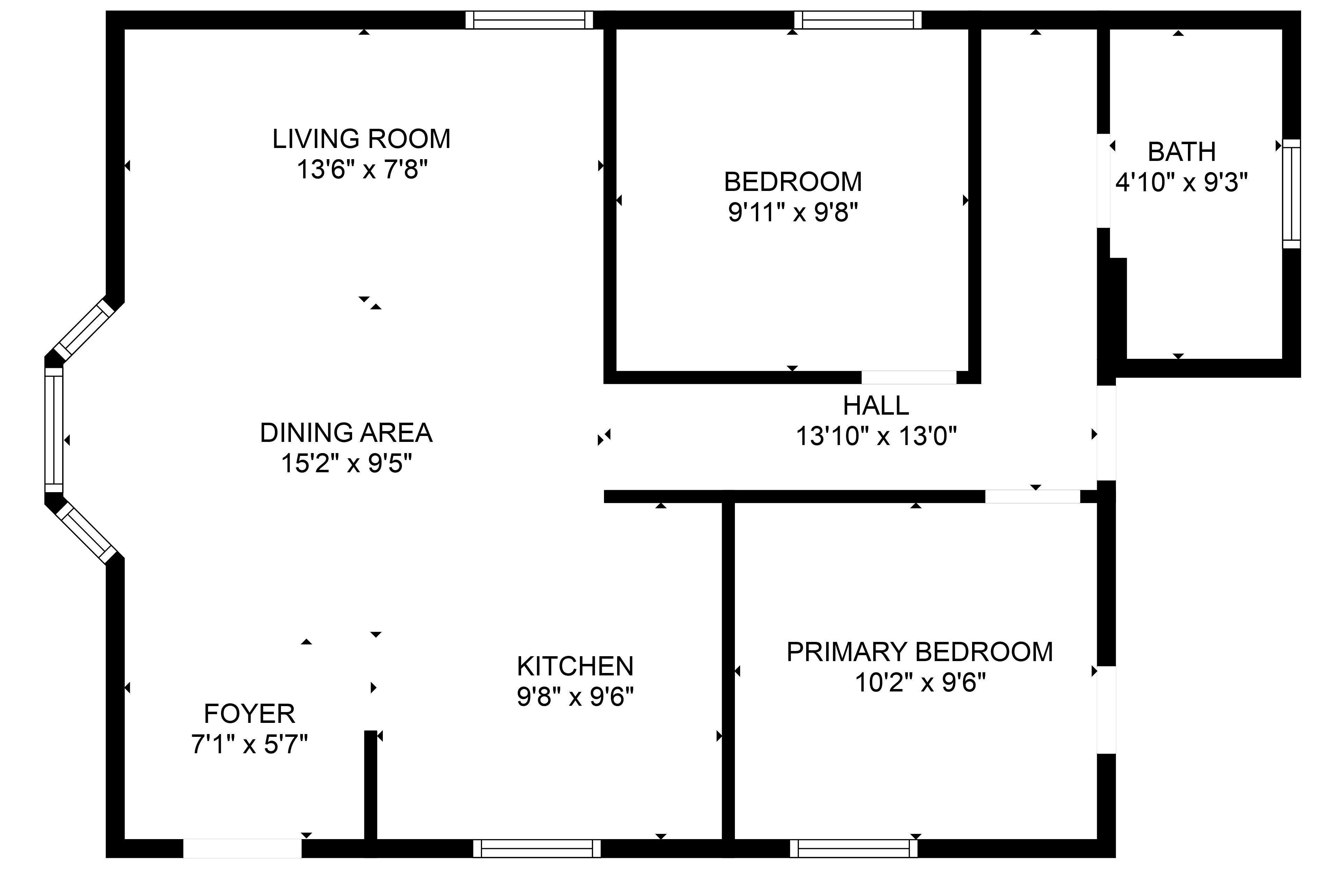 A floor plan with a living room, dining area, kitchen, foyer, primary bedroom, secondary bedroom, bathroom, and hall.