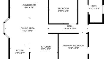 A floor plan with a living room, dining area, kitchen, foyer, primary bedroom, secondary bedroom, bathroom, and hall.