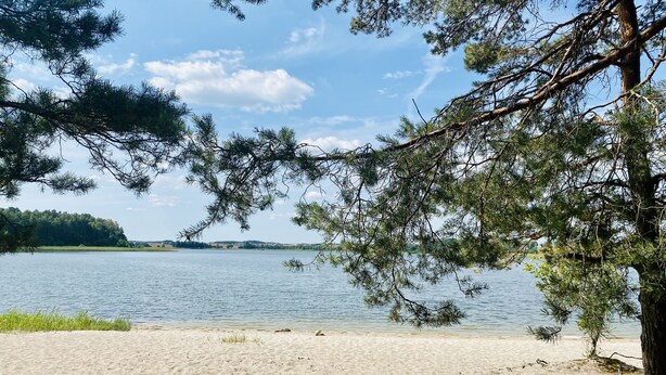 Une plage bordée d’un lac, entourée d’arbres et avec une colline qui se dessine à l’horizon.