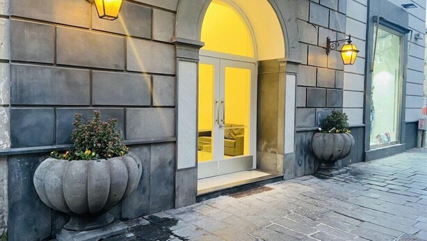 A building facade with stone cladding, a glass door entrance, and two potted plants. - Up Hotel (Naples)