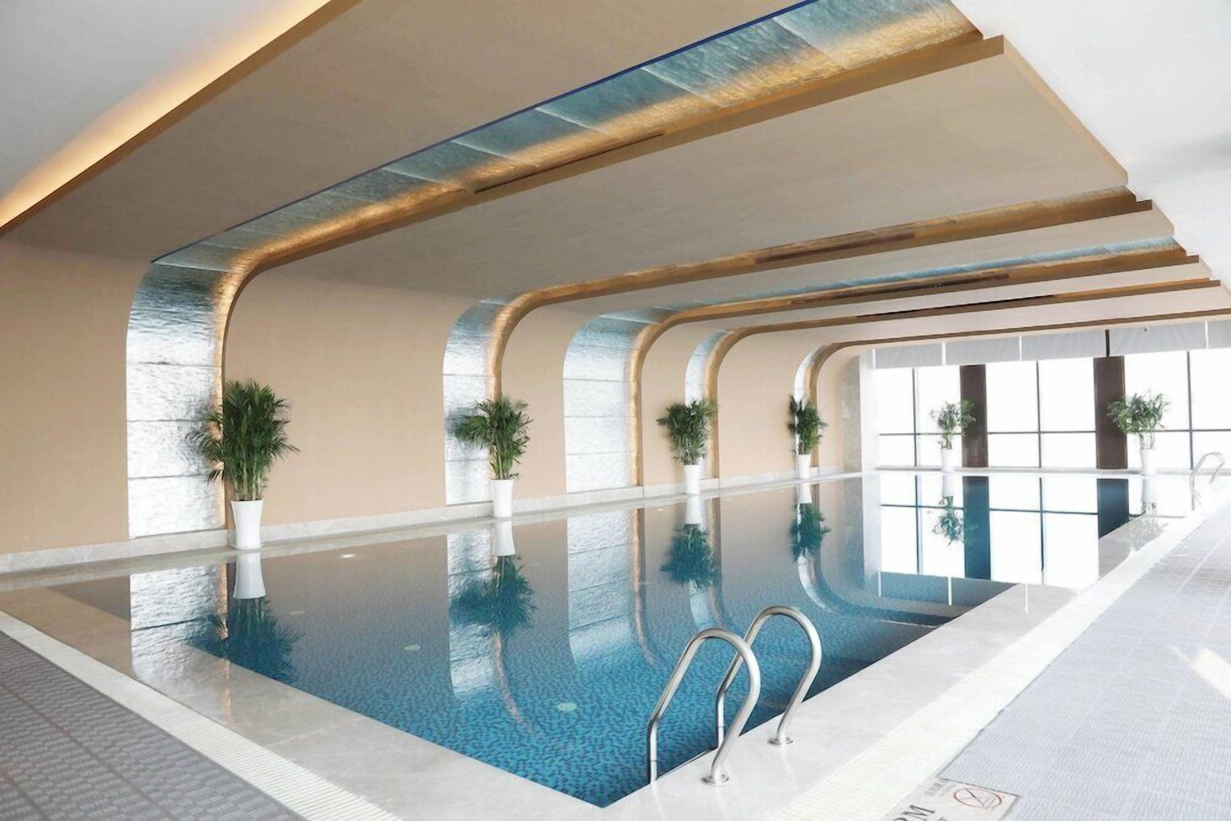 Ein Innenpool mit großen Glaswänden, Blumentöpfen und modernem Design.