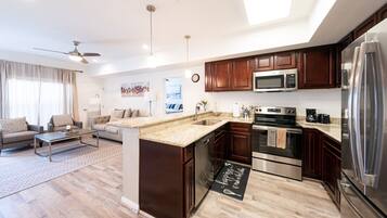 Microwave, dishwasher, coffee/tea maker, cookware/dishes/utensils