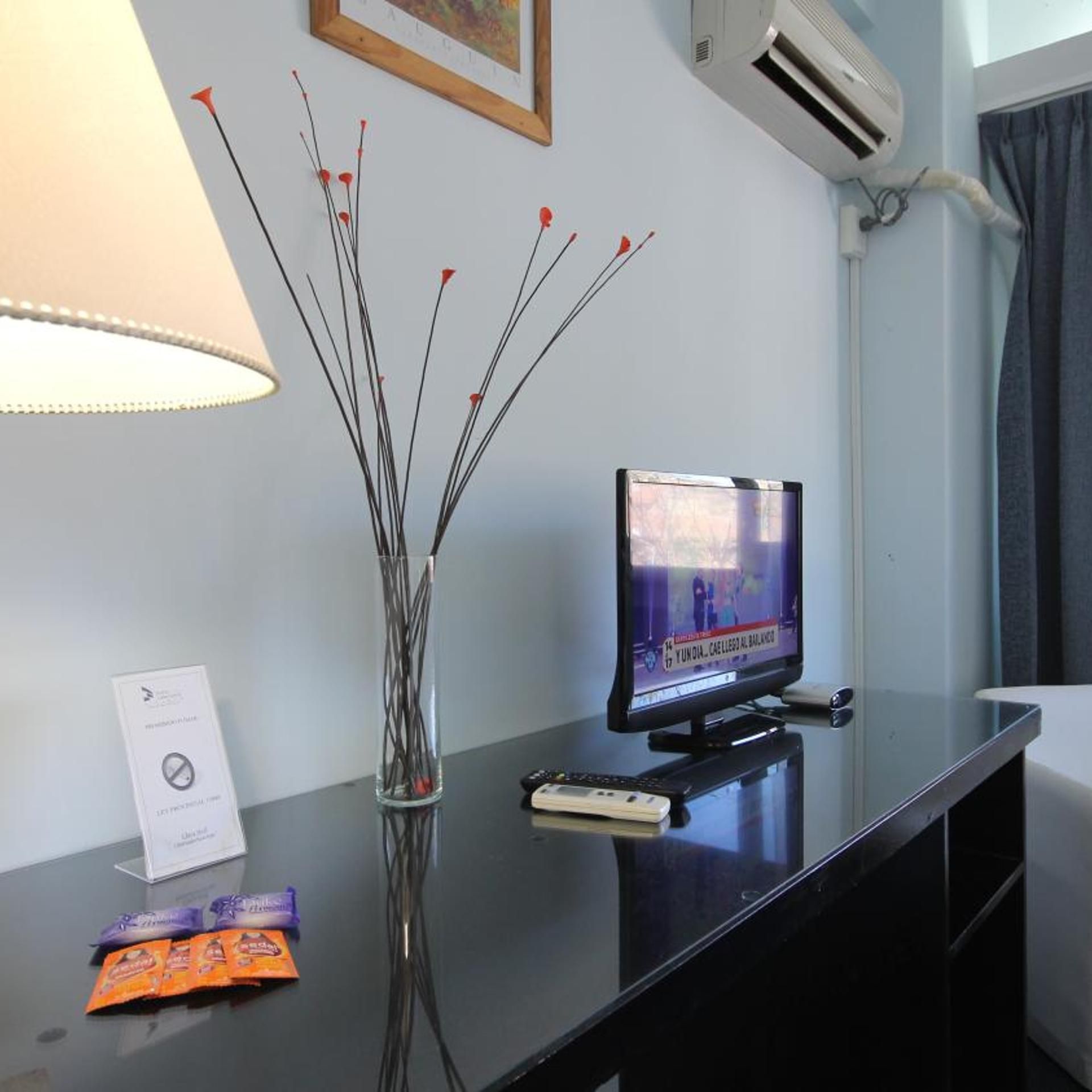 Ein Hotelzimmer mit Flachbildfernseher, einer Vase mit Zweigen, einer Fernbedienung und einer Lampe auf einem Tisch.