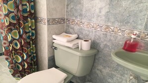Un baño con inodoro, lavabo y cortina de ducha.