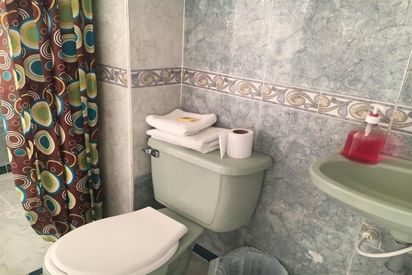 A bathroom with a toilet, a sink, and a shower curtain. - Hotel Brisas de Granada (Armenia)