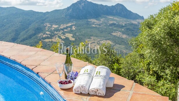 A poolside setting with a view of mountains, a bottle, glasses, and towels.