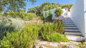A white building with a stone staircase leading up to a door, surrounded by green shrubs and trees.