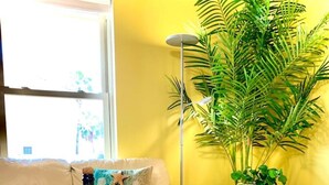 A living room with a sofa, a coffee table with a bottle and glasses, a potted plant, and a lamp. - Beachfront Paradise w/ King Room, Pool, Hot Tub! (South Padre Island)