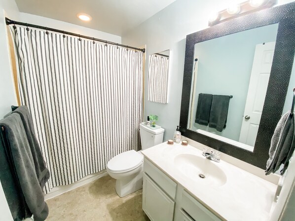 A bathroom with a striped shower curtain, a toilet, a sink with a large mirror, and a towel rack. - The Mountain View Pad. Easy Access to Red Rocks and the Mountains! (Littleton)