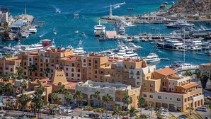A coastal marina with numerous boats docked, surrounded by multi-story buildings with balconies and palm trees.