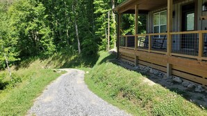 Una baita di legno con un vialetto sterrato che vi conduce, immersa in una fitta foresta.