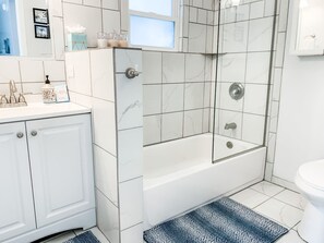 Combined shower/tub, hair dryer