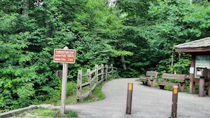 Un panneau indicateur marquant le début du sentier de Crabtree Falls, avec indication de la hauteur des chutes inférieures (500 pieds) et supérieures (13/4).