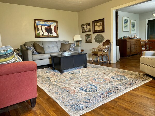 Smart TV, fireplace, DVD player, books