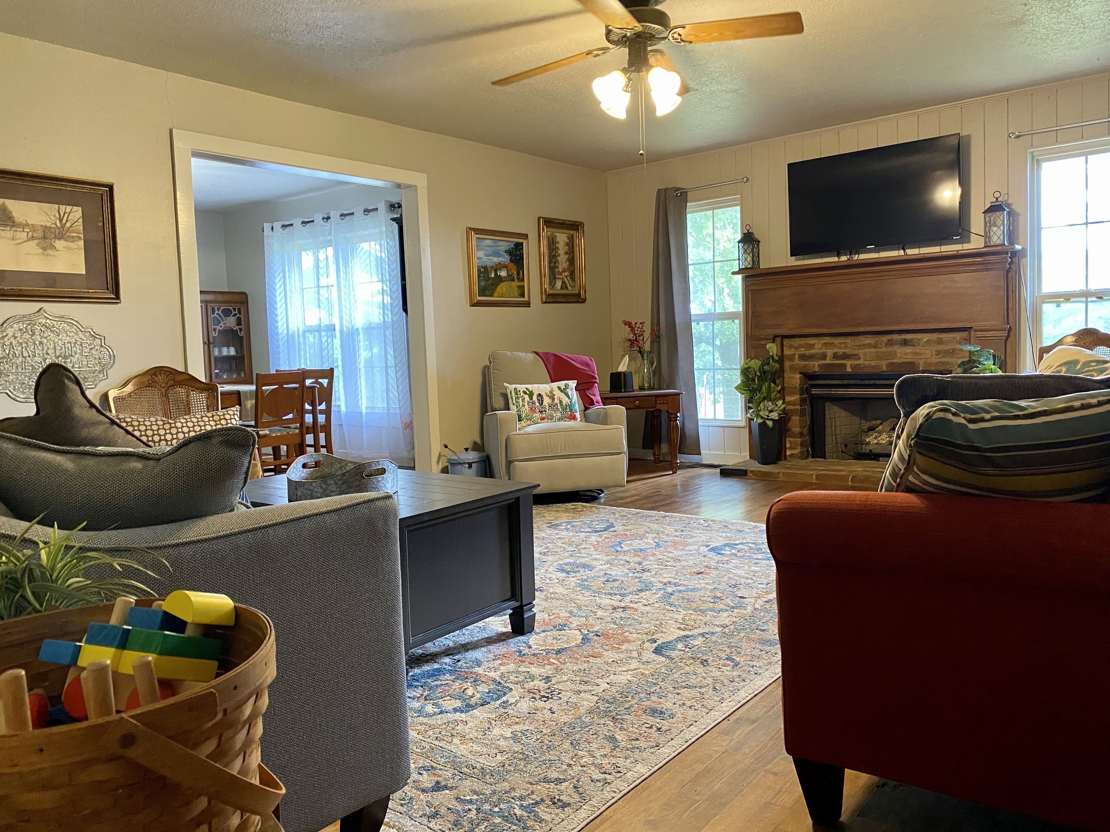 Smart TV, chimenea, reproductor de DVD y libros 