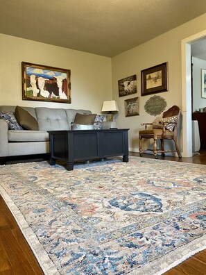 Smart TV, fireplace, DVD player, books