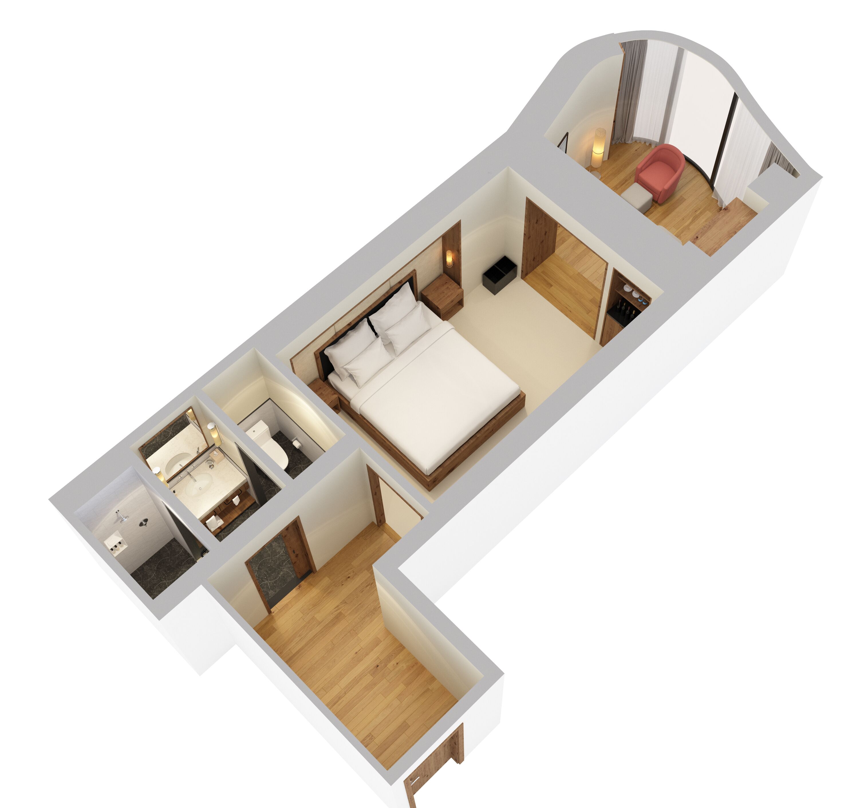 A 3D floor plan of a hotel room with a bed, a sitting area with a chair, a small bathroom, and a closet.