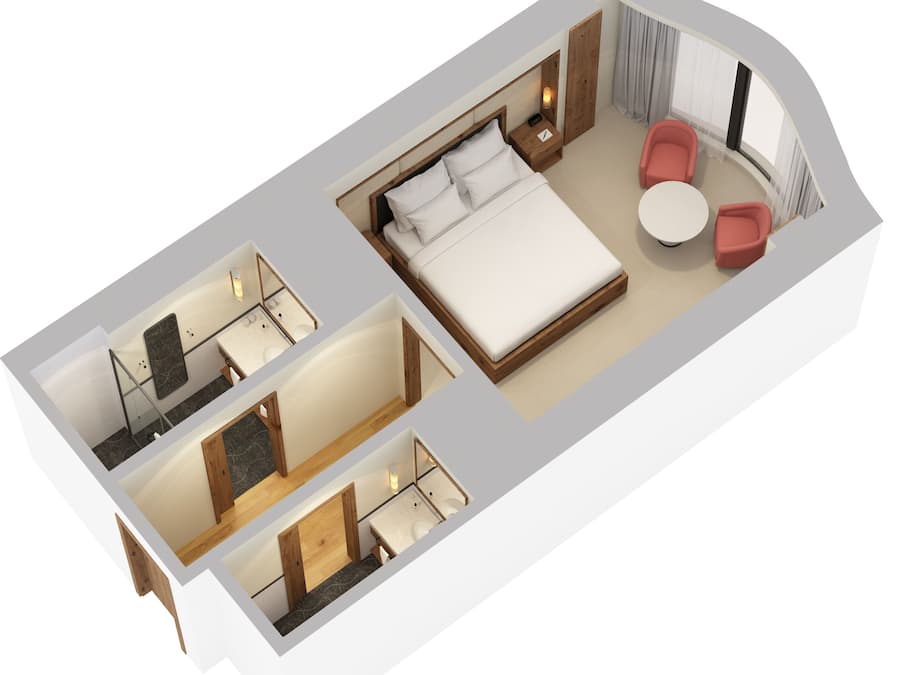 Ein 3D-Grundriss eines Hotelzimmers mit Bett, einer Sitzecke mit Tisch und Stühlen, einem separaten Badezimmer und einem kleinen Balkon.