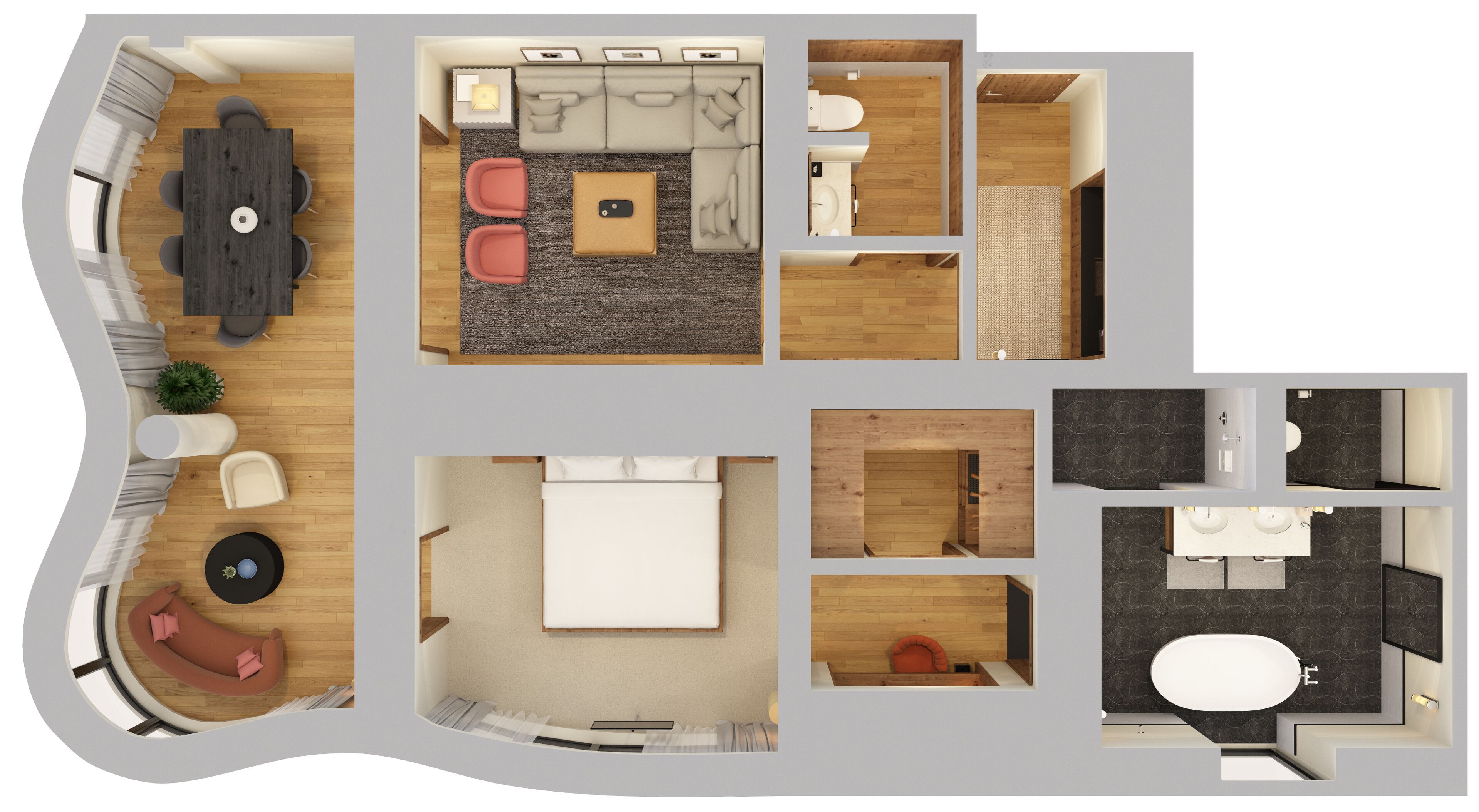 A hotel layout with a dining area, a living room, a bedroom, a bathroom, and a kitchen.