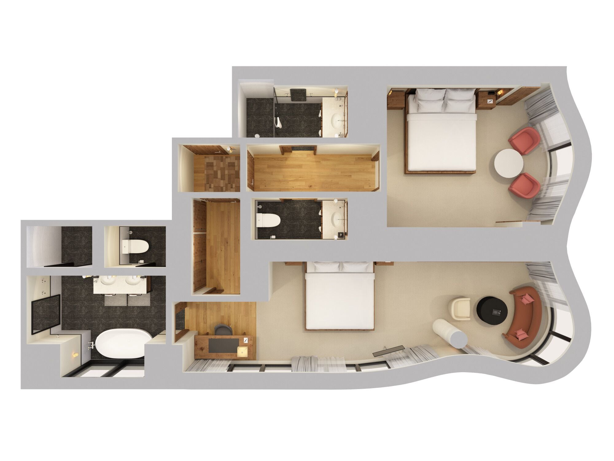 A floor plan of a hotel room with a bed, a small desk, a chair, a sofa, a bathroom, and a dining area.