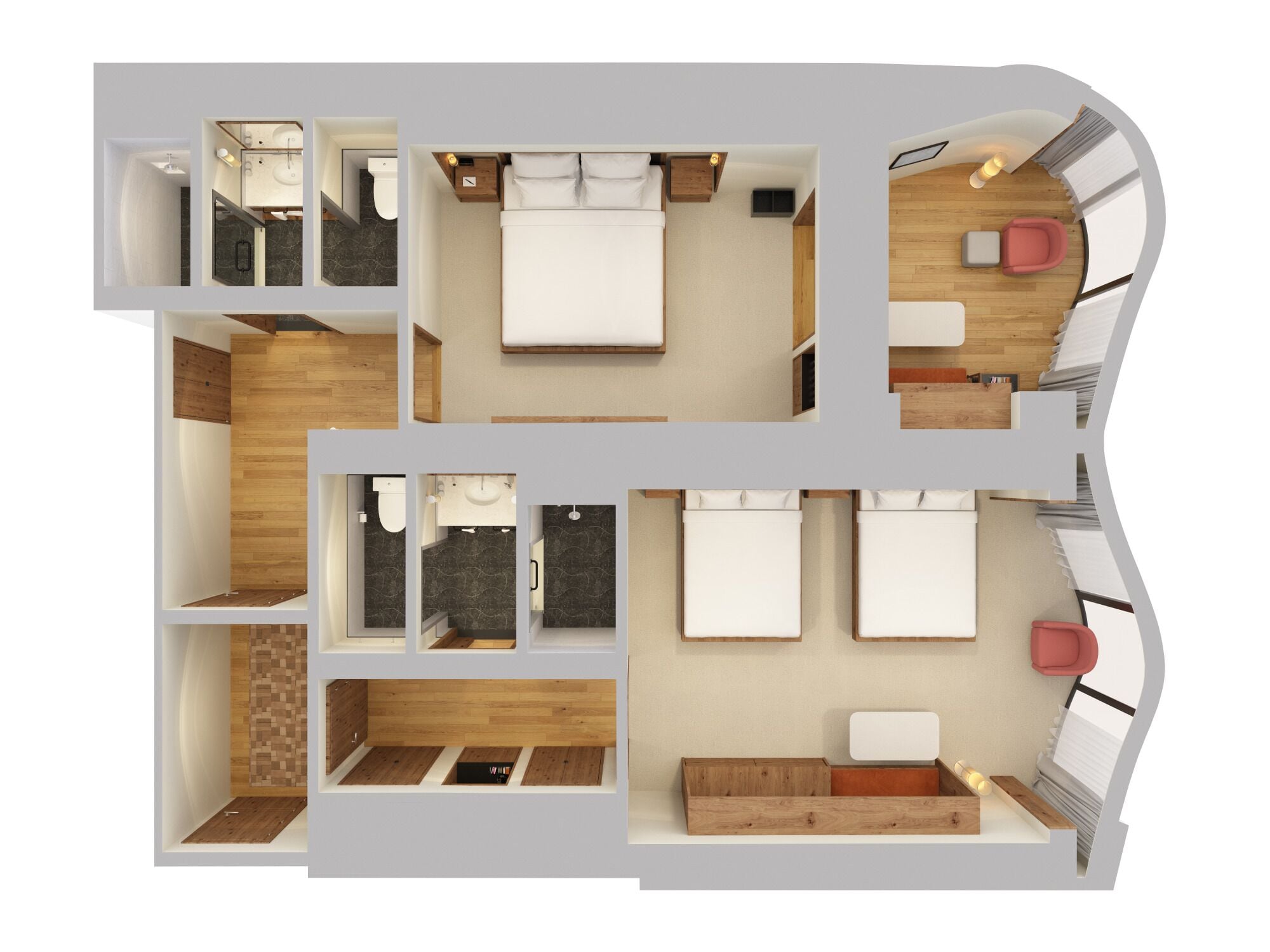 Un plan d’étage d’une chambre d’hôtel comprenant un lit, un bureau, une chaise, une petite salle de bain et un coin salon.