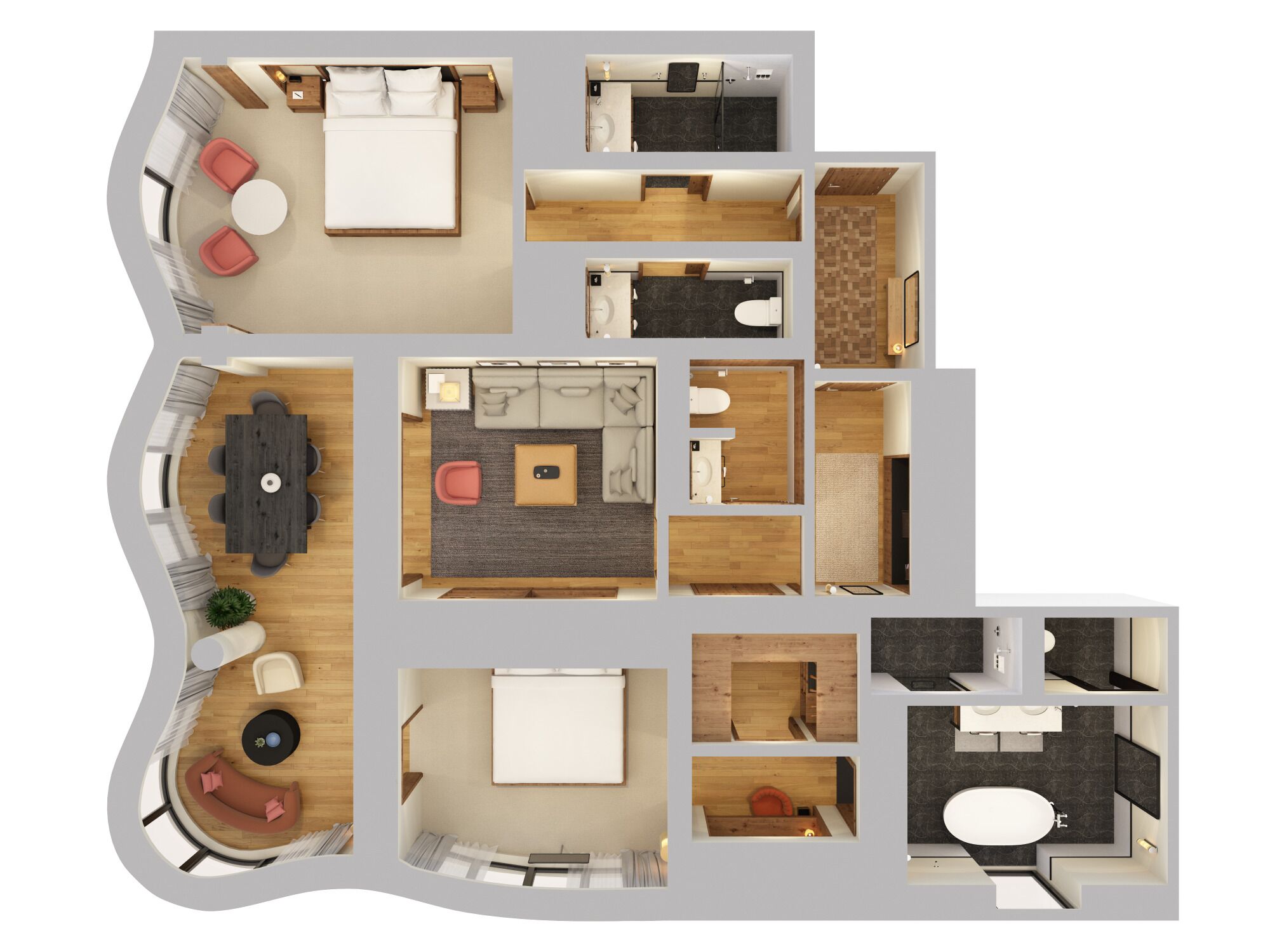 A hotel layout with a bedroom, bathroom, and living area.