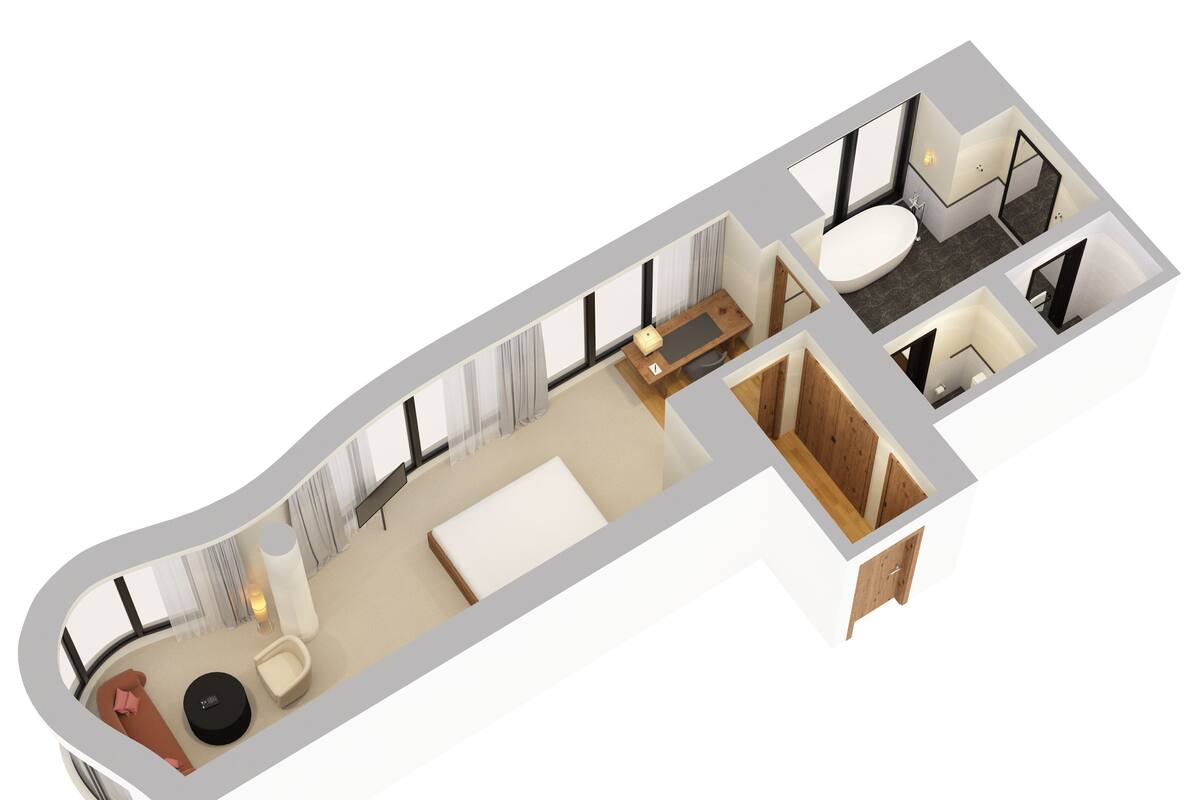 A 3D floor plan of a hotel room with a bed, seating area, bathroom, and a small desk.