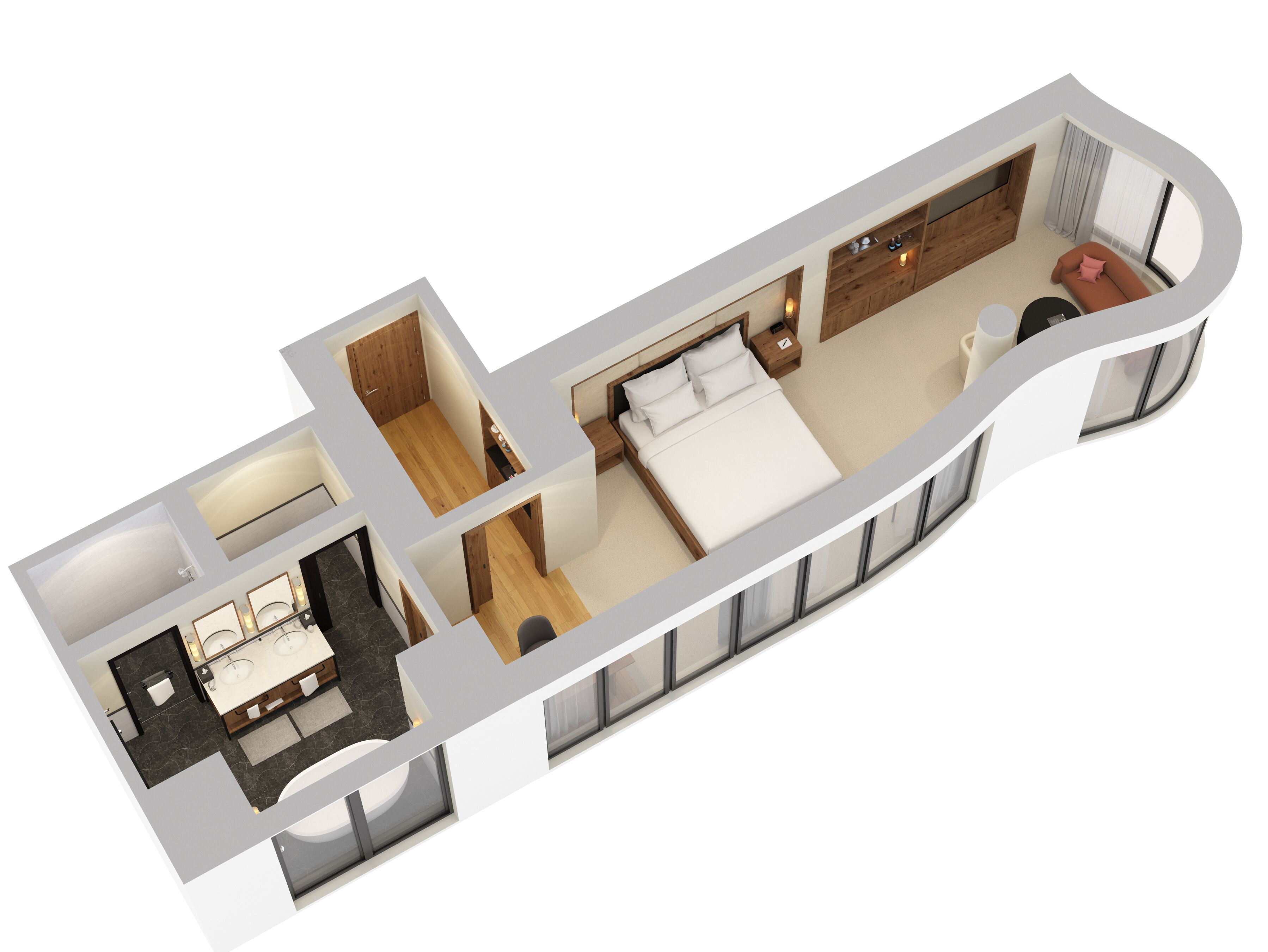 A 3D floor plan of a hotel room with a bed, bedside table, wardrobe, bathroom, and a seating area with a sofa and a small table.