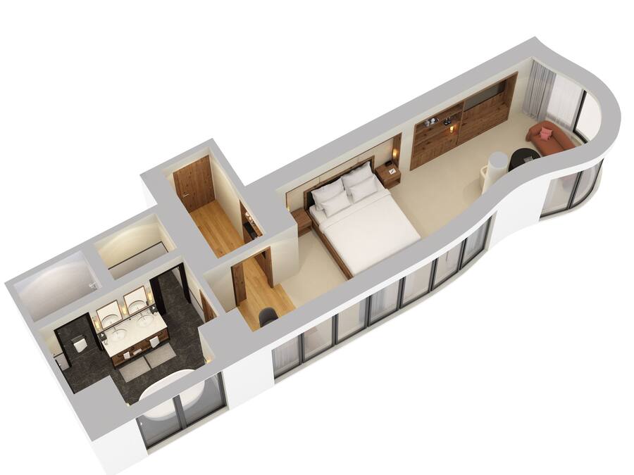 Plano de planta en 3D de una habitación de hotel que incluye cama, mesita de noche, armario, baño y una zona de estar con sofá y una pequeña mesa.