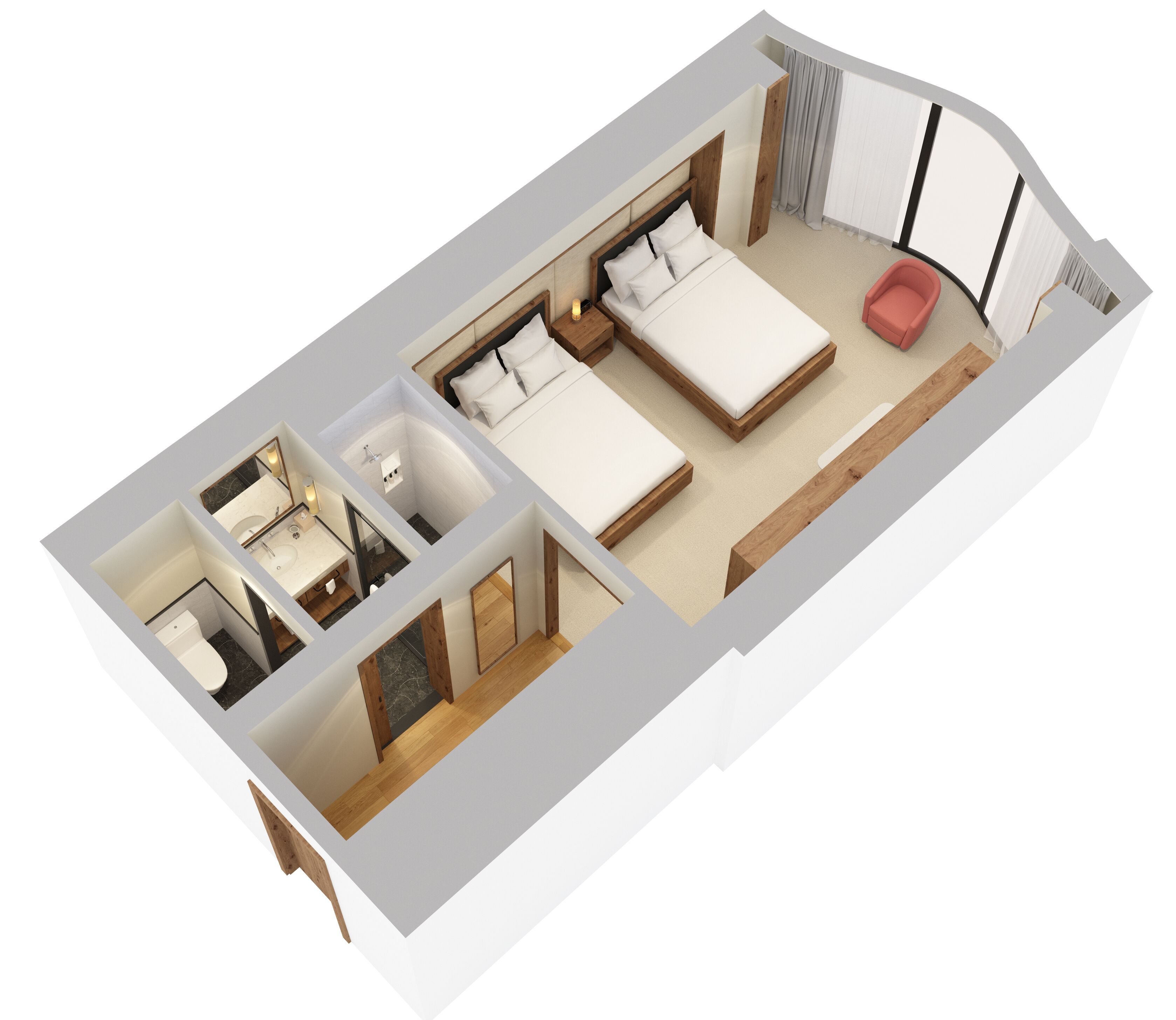 A 3D floor plan of a hotel room with a large bed, a separate bathroom, a small seating area, and a kitchenette.