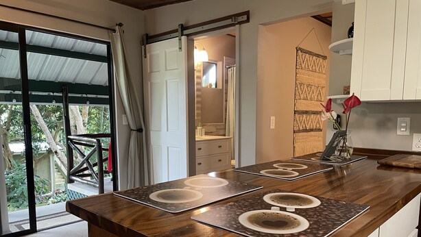 A kitchen with a wooden countertop, a sliding glass door, and a view of a garden.
