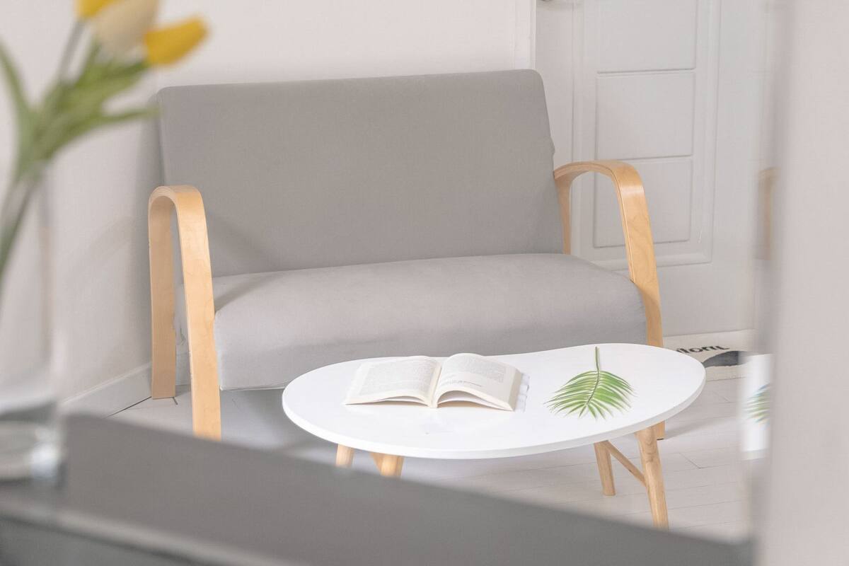 Moderni huone, jossa on harmaa sohva, pieni pyöreä pöytä, jonka päällä on avoin kirja, ja ruukussa oleva kasvi.