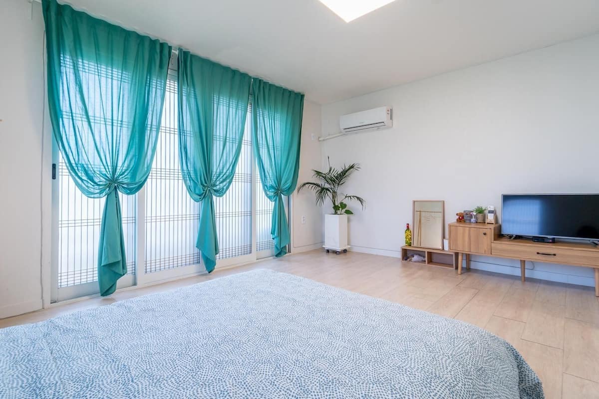 Une chambre à coucher avec un lit, une télévision, une plante et une fenêtre avec des rideaux.