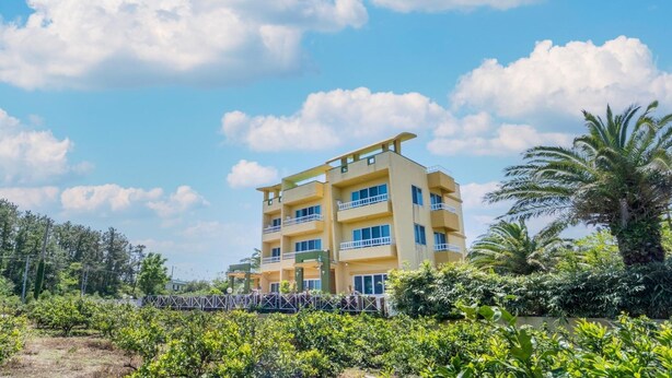 A multi-story hotel with balconies, surrounded by lush greenery and palm trees. - Jeju Dalbam Pension (Seogwipo)