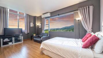 Habitación de hotel moderna con una cama grande, televisión y vistas al campo.