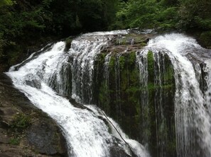 A waterfall cascading over a rocky cliff surrounded by dense forest. - Jocasee Landing Lake Cottage - 1 mi from boat ramp! (Salem)