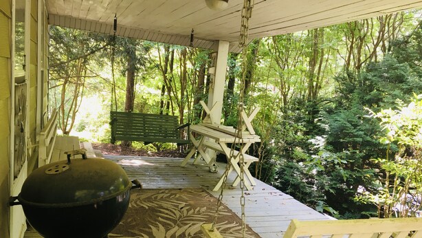 A covered porch with a grill, a bench, and a swing chair. - Jocasee Landing Lake Cottage - 1 mi from boat ramp! (Salem)