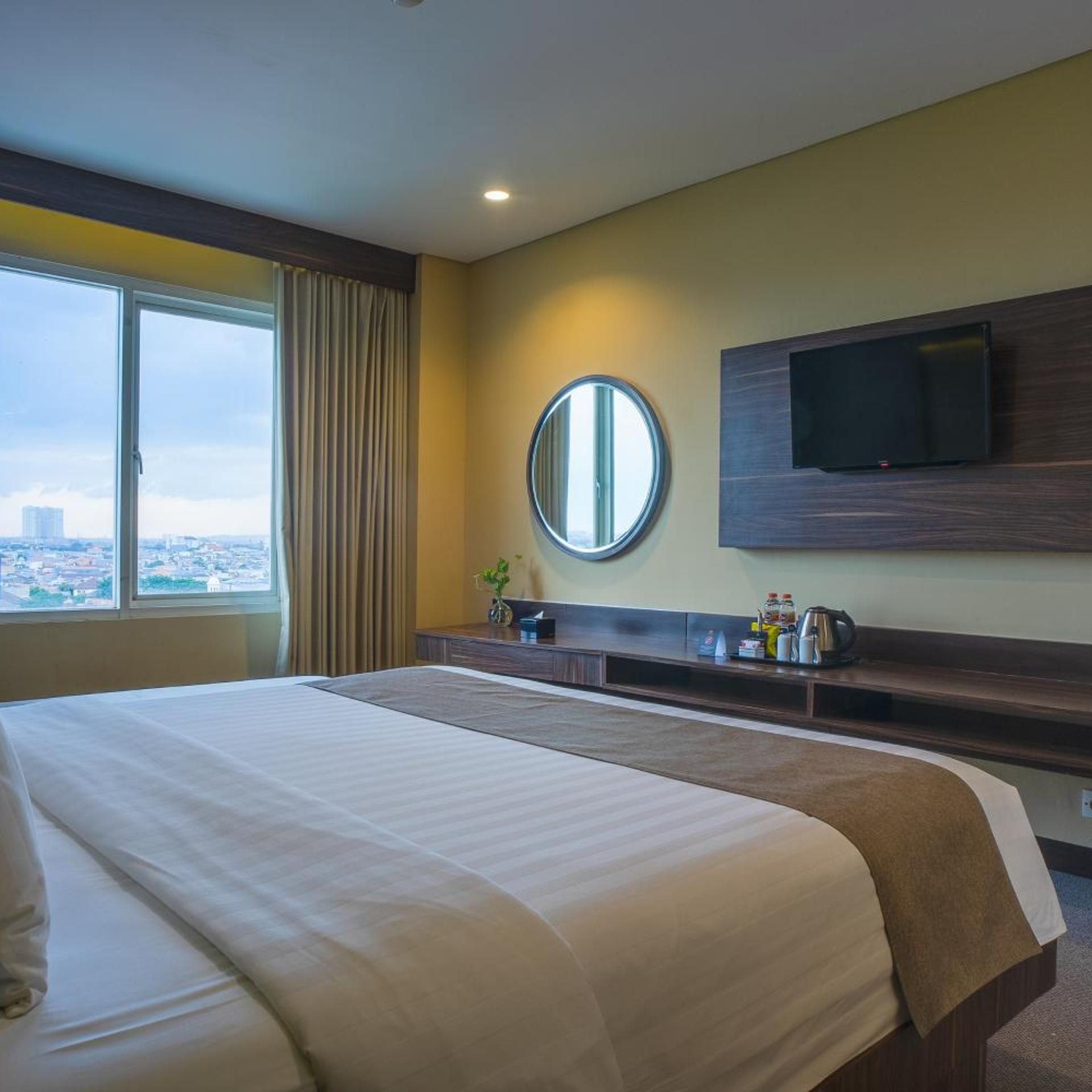 A hotel room with a large bed, a television mounted on the wall, a window with curtains, and a view of the cityscape.